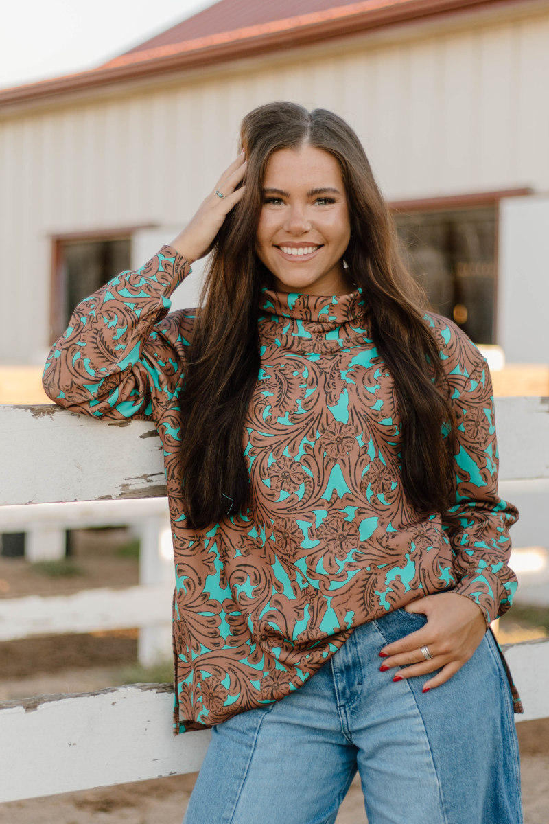 Turquoise Tooled mock neck