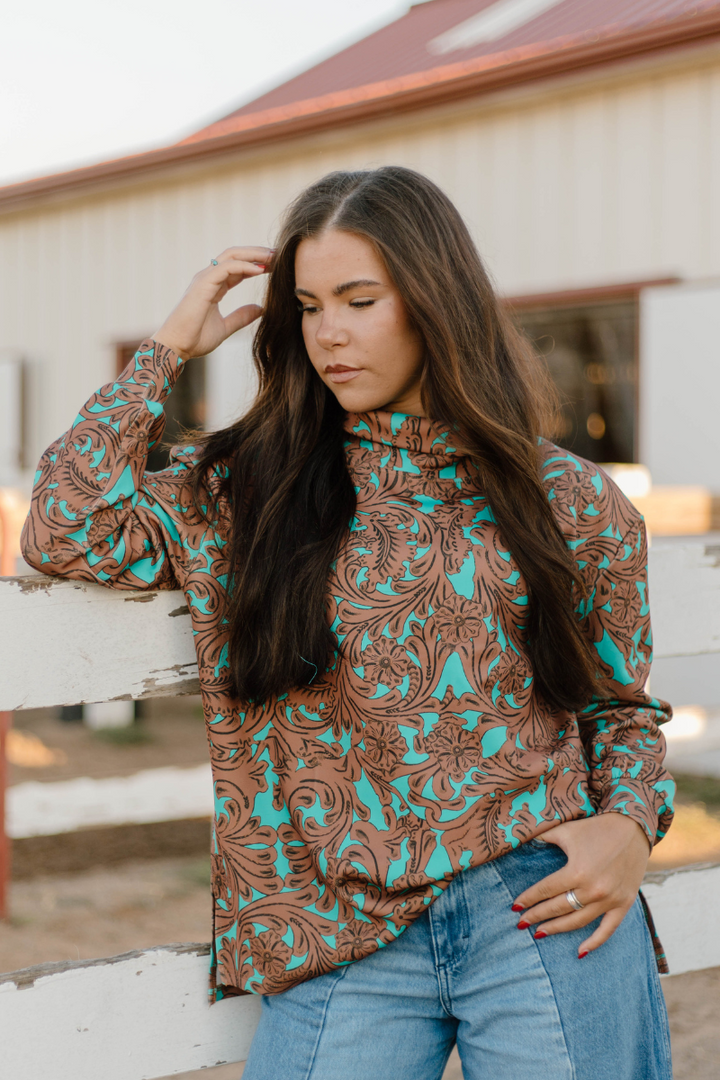 Turquoise Tooled mock neck