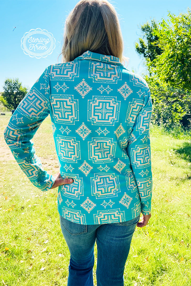 We are so proud of this pullover! The bright turquoise is so perfect for any occasion! This pullover offers a quarter zip and a full collar! This material is so soft and is made to make you feel cozy and cute!