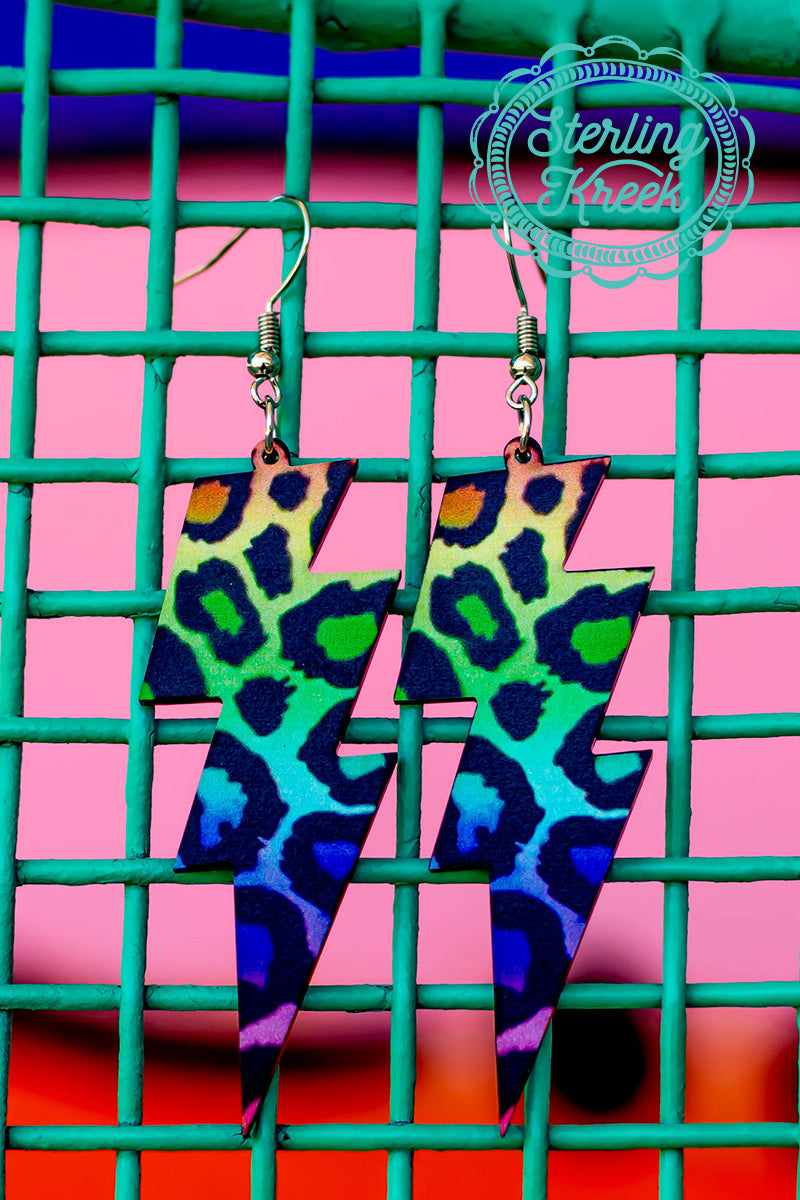 These lightning bolts are covered in bright neon leopard print! They will definitely make a scene!  length-2.5"  MSRP: $8+